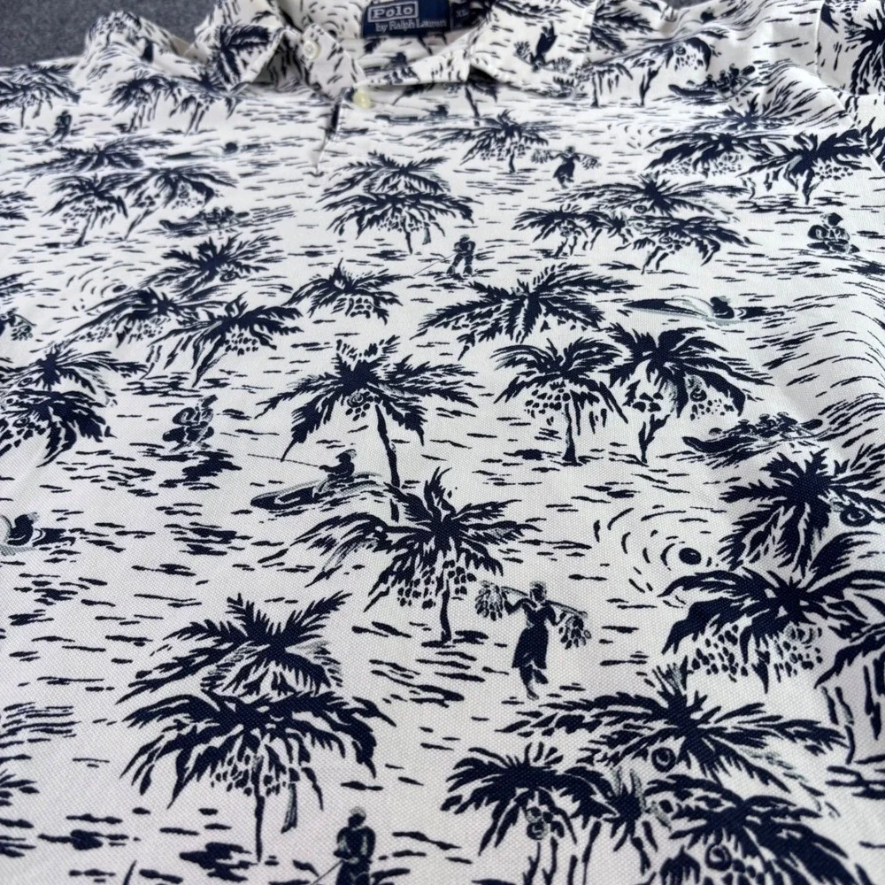 Polo Ralph Lauren Polo Shirt Mens XL Cream Navy Tropical Island Palm Tree USA